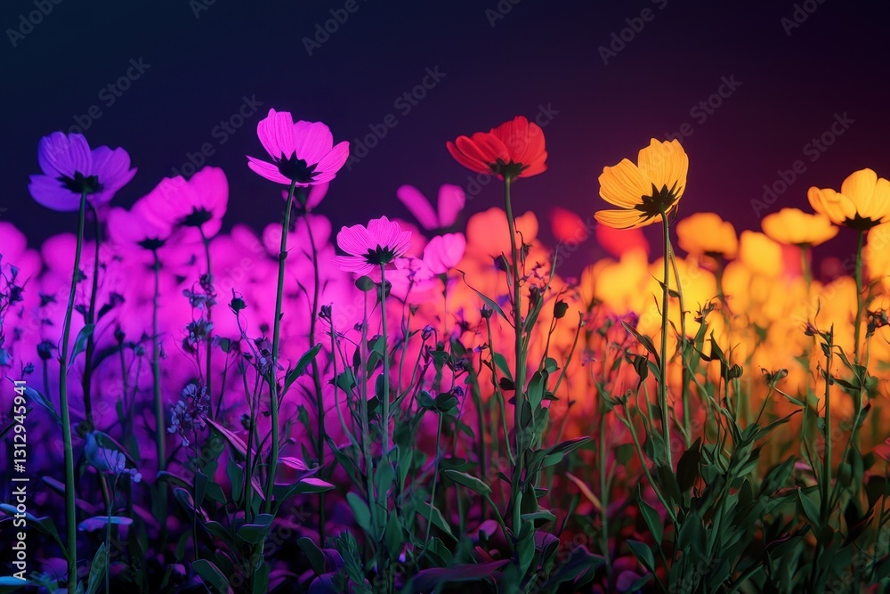 Obraz premium A vibrant field of flowers in varying colors, creating a stunning visual display against a dark background.