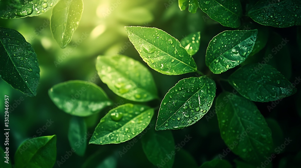 Close up of wet green leaves in sunlight creates nature scene Close up of wet green leaves in sunlight creates nature scene