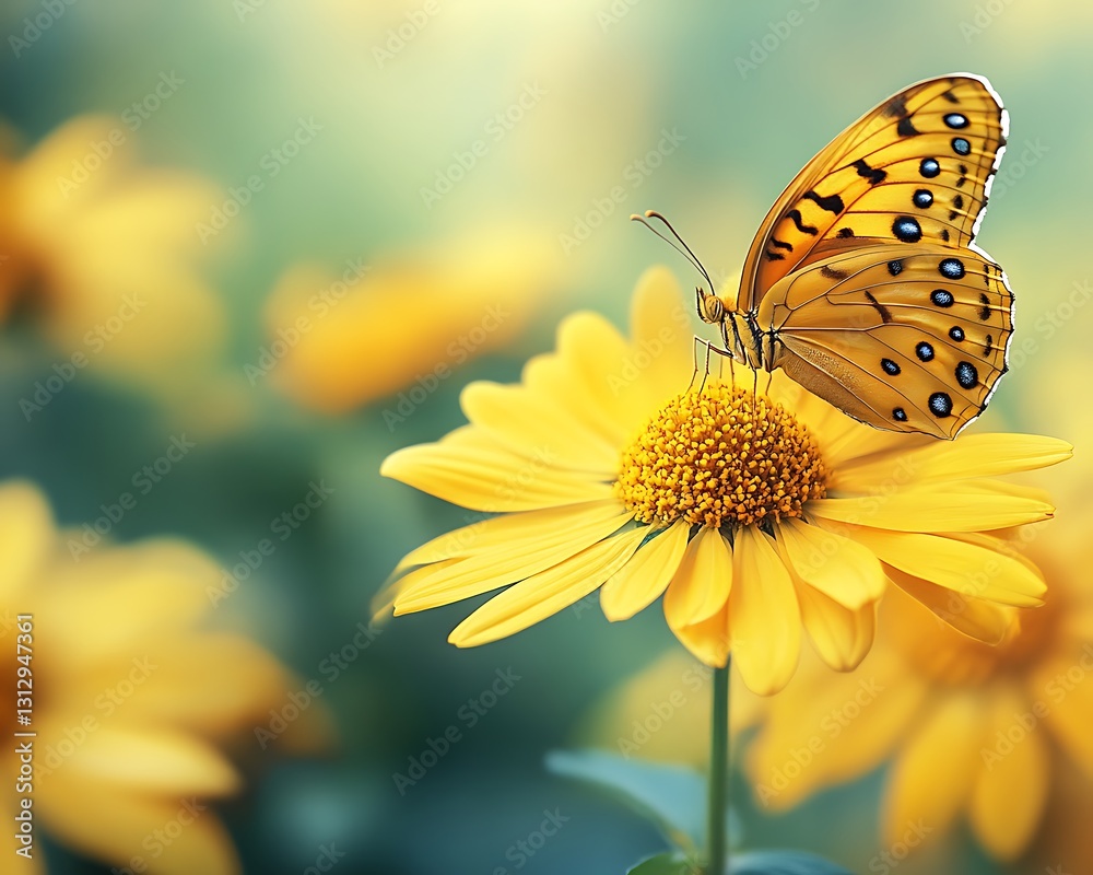 A vibrant yellow butterfly perched gracefully on a yellow flower bloom A vibrant yellow butterfly perched gracefully on a yellow flower bloom