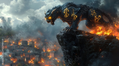 Mythical creature overlooking a burning city.