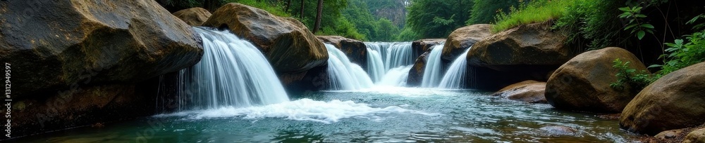 Wet rocks, cascading water, Punchbowl Falls foreground , green, basalt, splash Wet rocks, cascading water, Punchbowl Falls foreground , green, basalt, splash