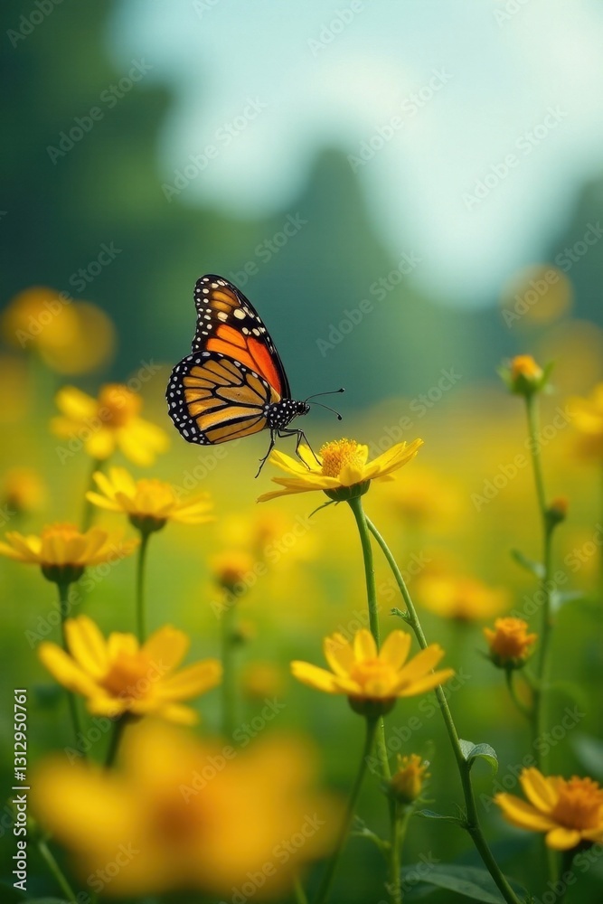 Monarch butterfly in flight above a sea of yellow wildflowers , nature, ecosystem, bright Monarch butterfly in flight above a sea of yellow wildflowers , nature, ecosystem, bright