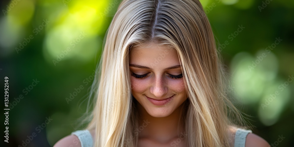 Naklejka premium Beautiful Blonde Woman Outdoors Smiling Softly