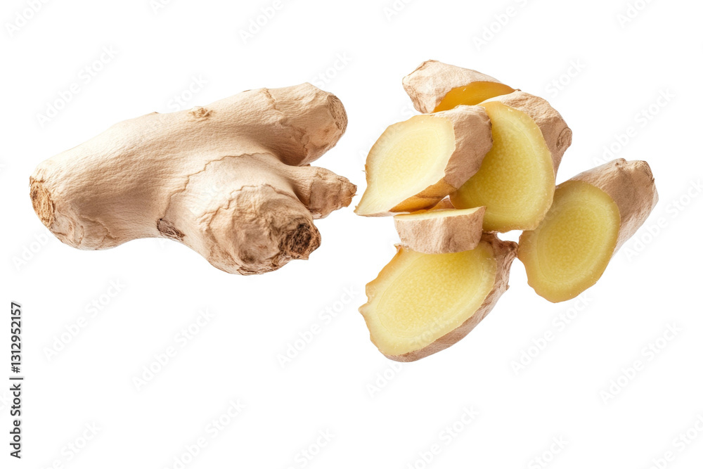 Fototapeta premium Piece of ginger root is cut in half and placed on a white background, isolated