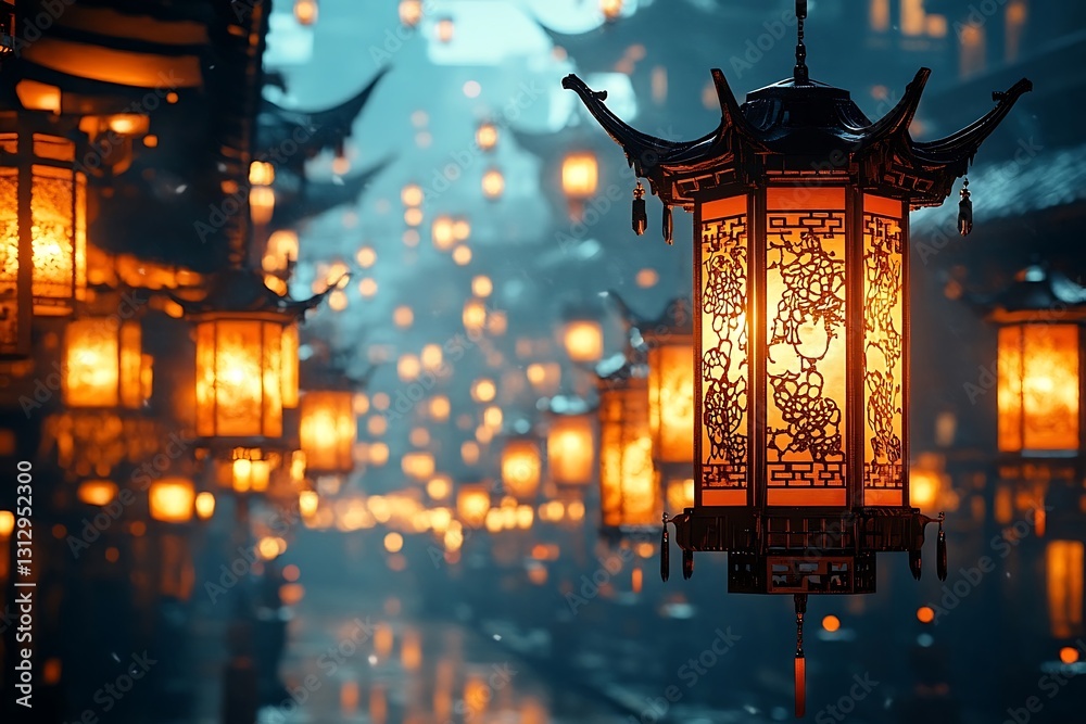 Illuminated Asian Town at Night with Hanging Lanterns Illuminated Asian Town at Night with Hanging Lanterns