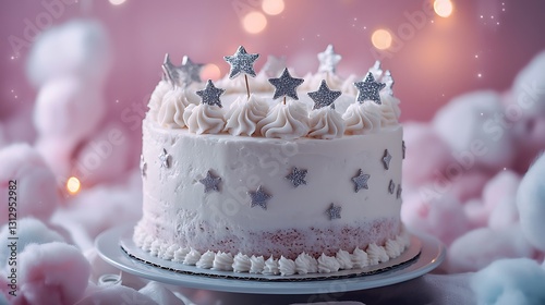 A fluffy white cake decorated with silver edible stars, set amidst cotton-like decor and pastel lighting photo