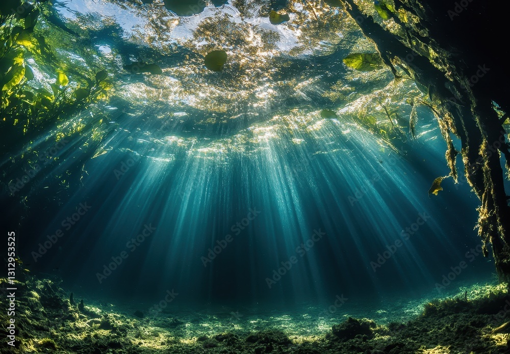 Obraz premium Breathtaking Underwater Scene with Sunlight Rays Illuminating the Ocean Floor and Aquatic Plants, Capturing the Serenity of Nature's Hidden Depths