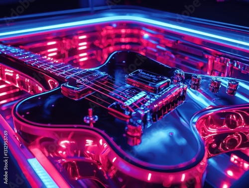 Electric guitar glowing with vibrant neon hues, showcasing a fusion of music and visual art in a striking studio setting.