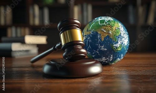Gavel and Earth Globe on Wooden Table in Library Setting