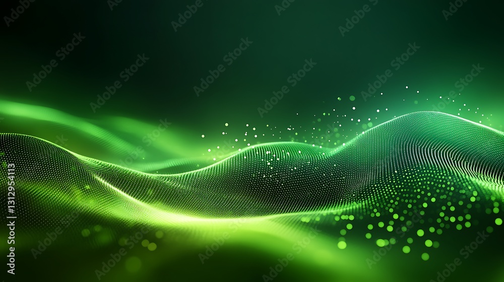 Green Abstract Background Showing Wavy Glowing Dot Particle Landscape Green Abstract Background Showing Wavy Glowing Dot Particle Landscape