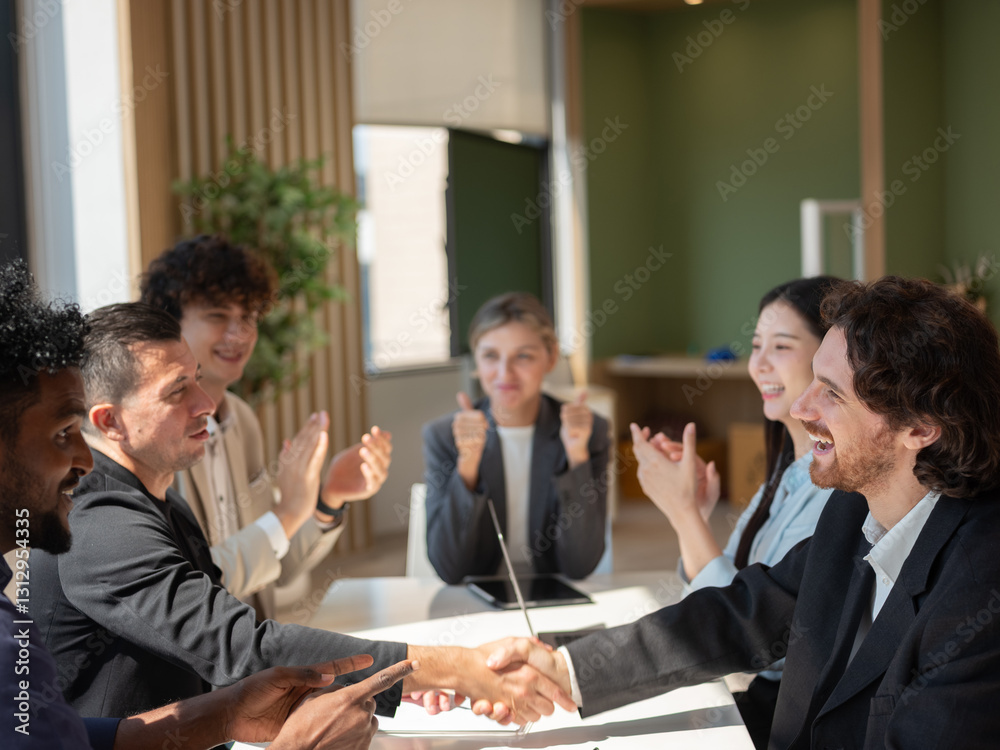 Business Meeting with Corporate Executives Shaking Hands in conference room, discussing successful business deals.