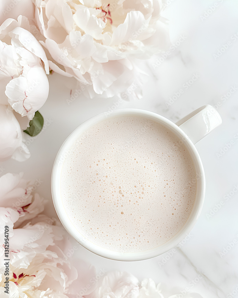 Cup of coffee on a white marble surface surrounded by delicate peonies