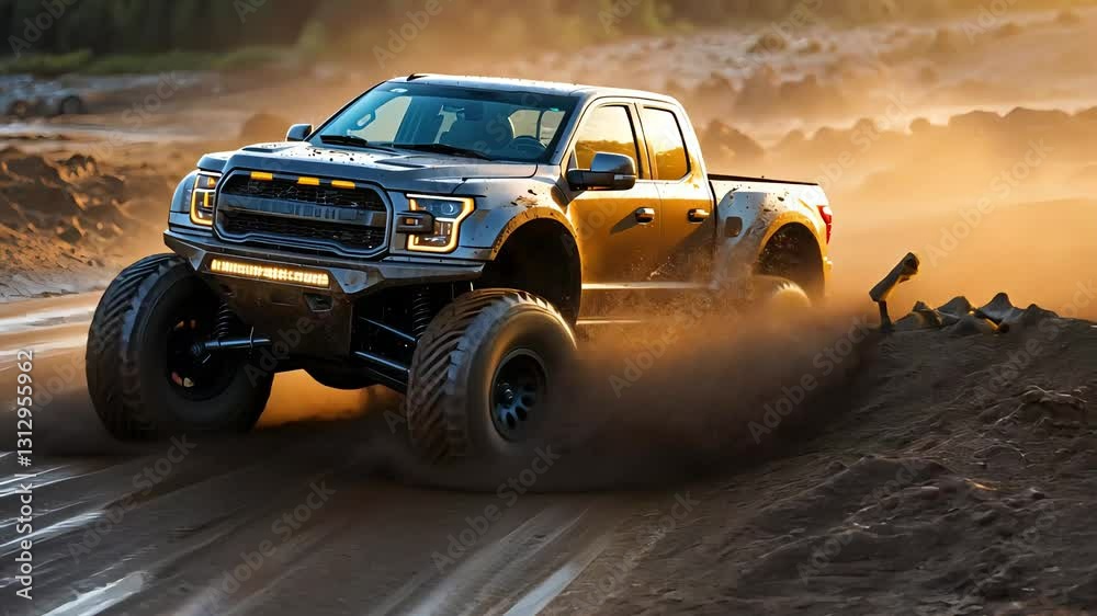  Off-road pickup truck speeding through dirt road kicking up dust at sunset