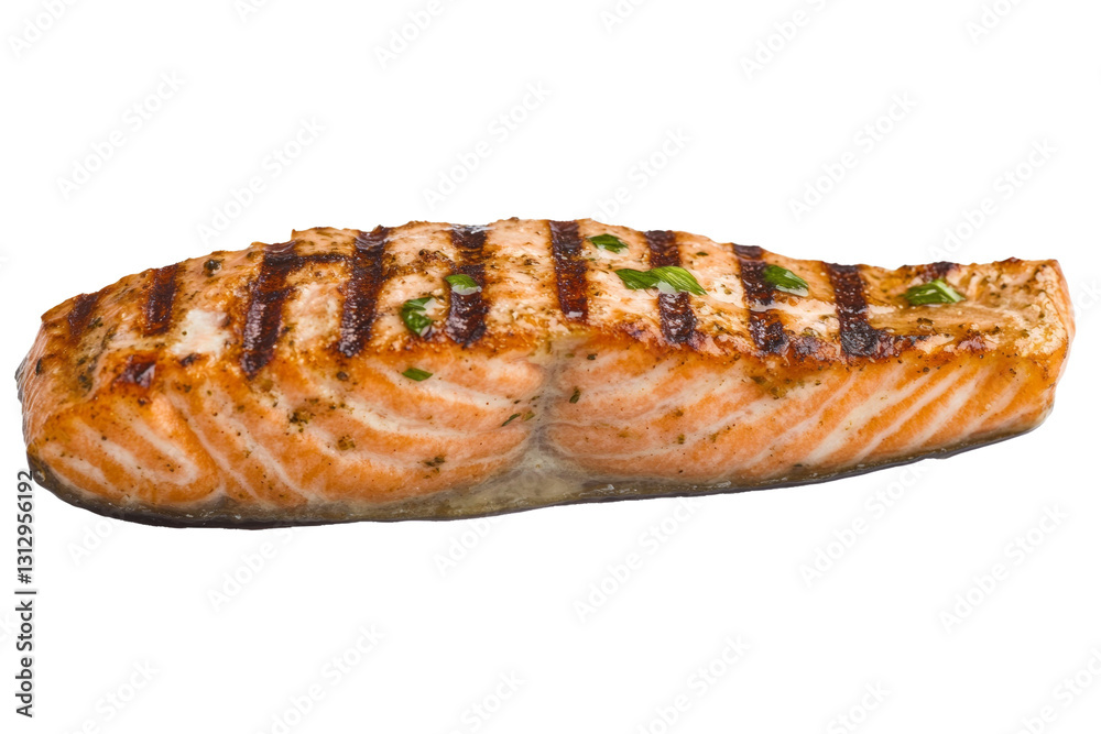Piece of grilled salmon is sitting on a white background, isolated Piece of grilled salmon is sitting on a white background, isolated