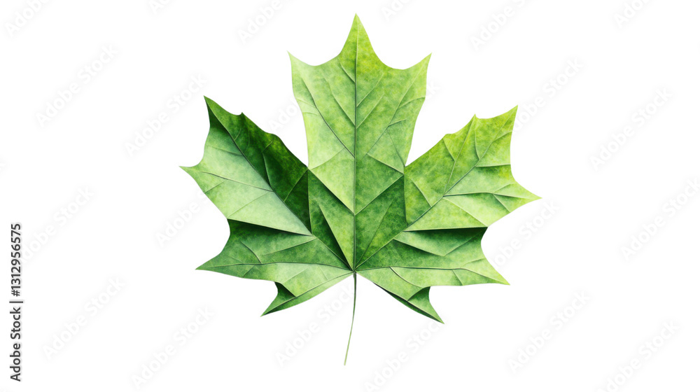 Green maple leaf showing origami folds on transparent background