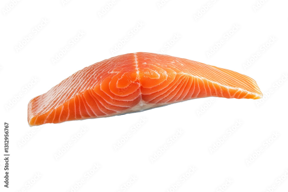 Piece of salmon is shown on a white background, isolated Piece of salmon is shown on a white background, isolated
