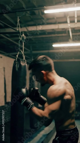 A boxer showcases dedication and hard work during an intense training session in a gym. The atmosphere is charged as punches connect with the heavy bag, emphasizing skill and endurance.
