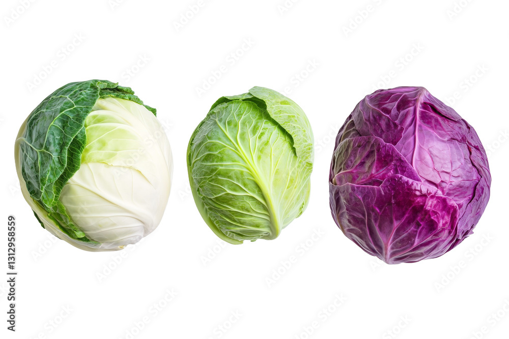 Fototapeta premium Three different colored cabbage heads are shown, with one being purple, isolated