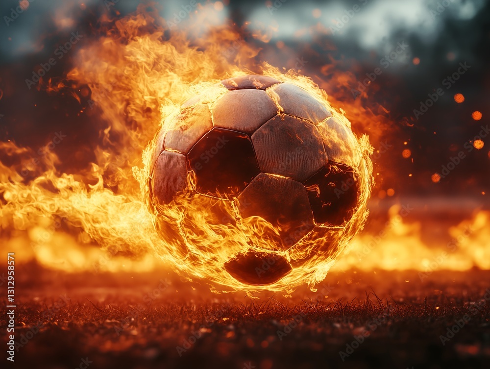 Fototapeta premium A burning ball bounces across a green football field. Team is on fire ,the frenzied energy of the sport, the power of impact, love of fans.