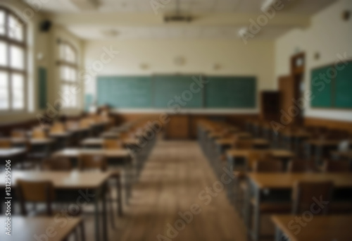 Blurred empty classroom with vintage wooden chairs and desks. Nostalgic, classic school setting with a warm, timeless feel.