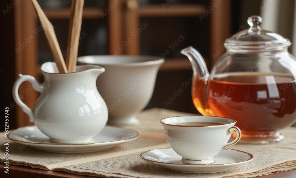 Elegant tea setup with porcelain tableware Elegant tea setup with porcelain tableware
