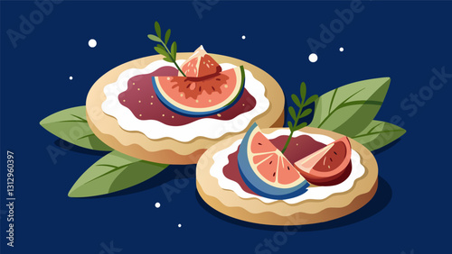 The perfect latenight indulgence featuring creamy goat cheese fig jam spread and a generous helping of prosciutto on crackers.. Vector illustration