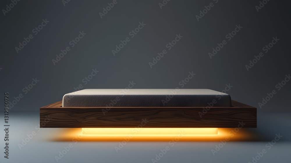 A sleek, floating platform bed made of dark walnut wood with a hidden lighting system underneath on an isolate background A sleek, floating platform bed made of dark walnut wood with a hidden lighting system underneath on an isolate background