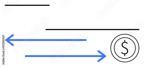 Black horizontal lines, blue arrows, and a currency sign illustrate financial transactions. Ideal for payment systems, finance, digital banking, money exchange, savings, cash flow and investment