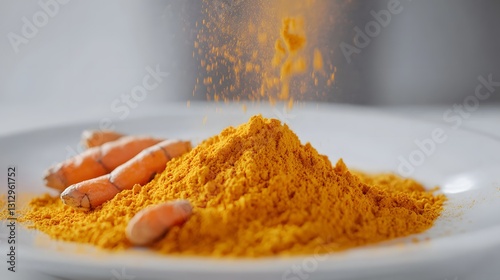Fototapeta Naklejka Na Ścianę i Meble -  Turmeric Powder Presentation: An artistic display of vibrant yellow turmeric, a spice celebrated for its health benefits.