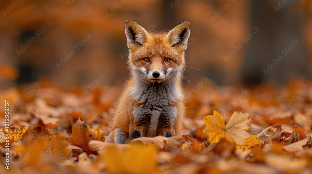 Obraz premium A fox sits among vibrant autumn leaves, showcasing the beauty of nature in fall.