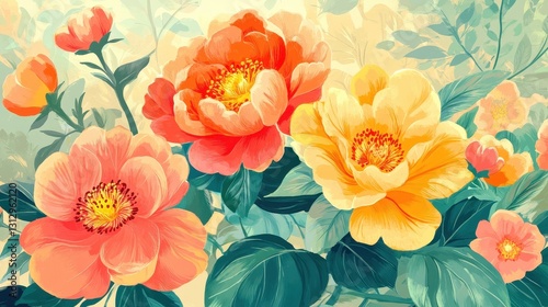 Wallpaper Mural Colorful painted flowers with foliage in a vibrant botanical illustration Torontodigital.ca