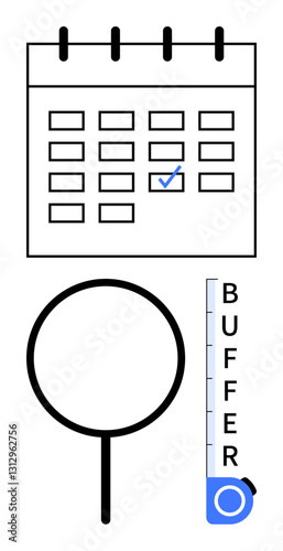 Calendar marked with checkbox, magnifying glass symbolizing analysis, and buffer gauge. Ideal for planning, organization, productivity, deadlines, prioritization workflow focus. Minimalistic flat