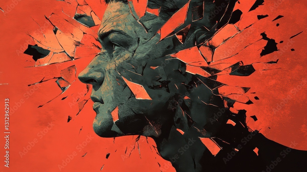 Obraz premium The artistic shattered human face is against an orange background