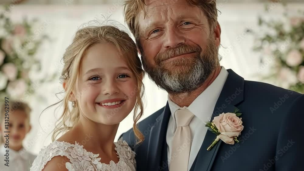 A joyful father and daughter celebrating a special occasion, both smiling warmly in a beautifully decorated setting.
