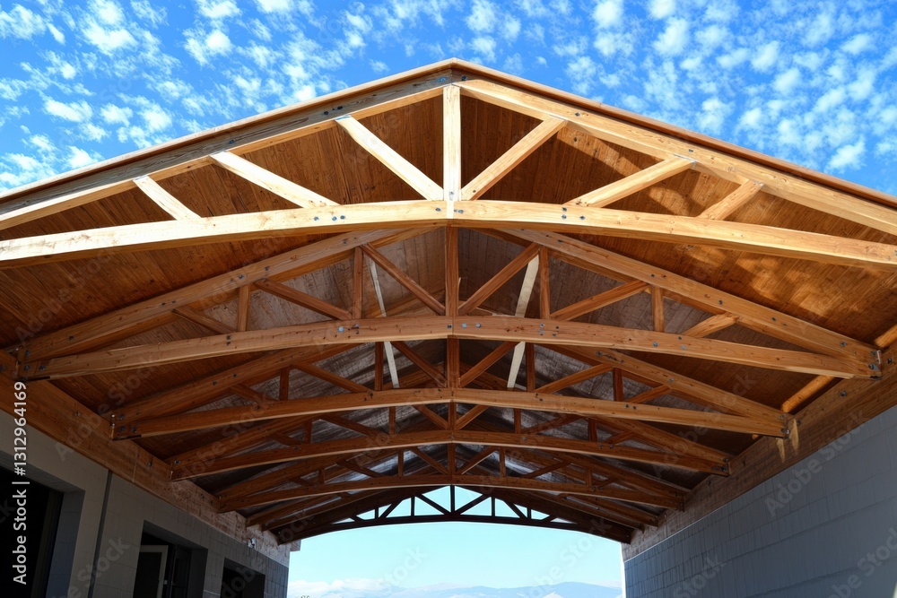 Obraz premium A Stunning View of an Architectural Wooden Roof Structure Under a Wide Blue Sky with White Clouds in a Modern Building Environment