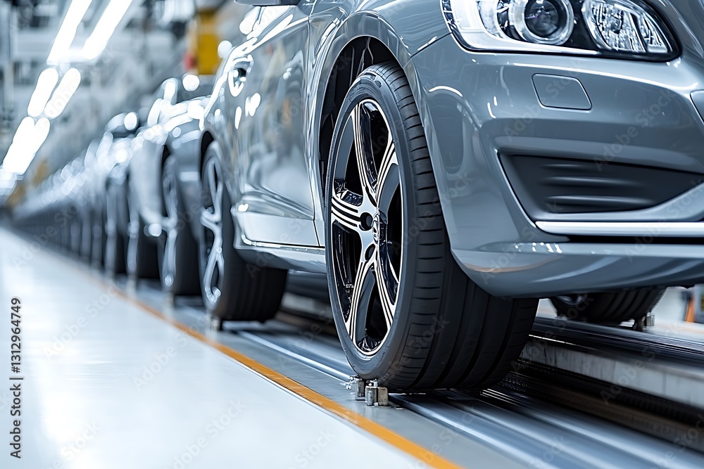 Fototapeta premium Grey Cars on Assembly Line in Modern Factory