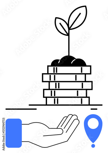 Hand extended under stacked coins with sprouting plant, denoting growth, sustainability, investment. Ideal for finance, agriculture, growth, eco-friendly concepts, startup location and innovation