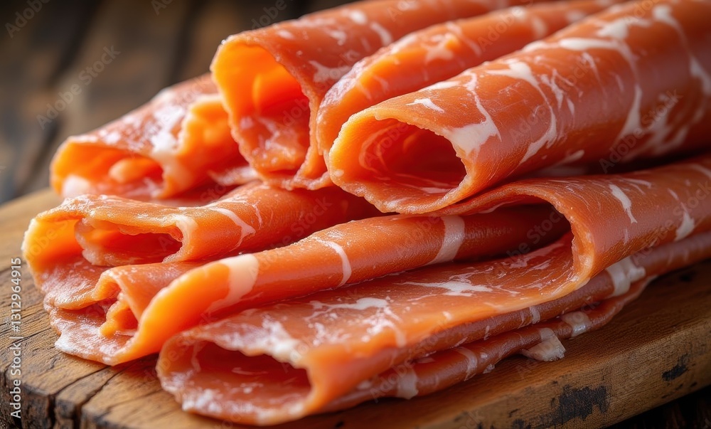 Thinly sliced prosciutto on wooden board Thinly sliced prosciutto on wooden board