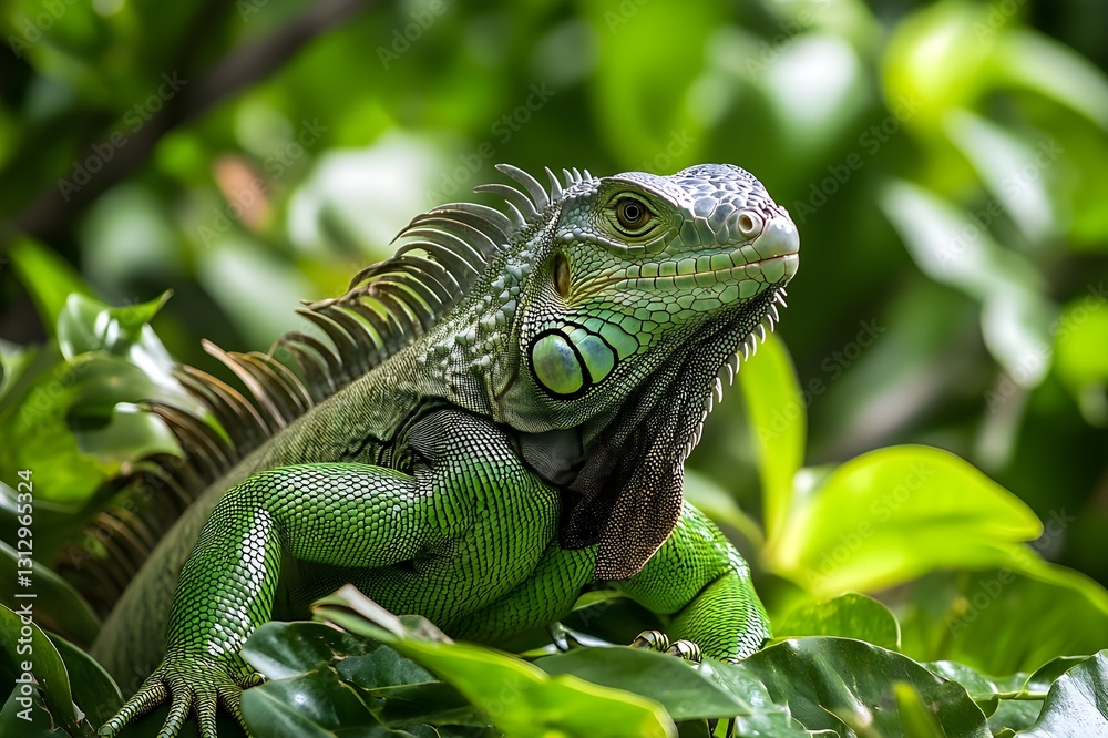 Iguana in its natural habitat depicts an iguana with shiny green scales, moving calmly among tropical trees, blending into the environment, with a long tail and strong legs Iguana in its natural habitat depicts an iguana with shiny green scales, moving calmly among tropical trees, blending into the environment, with a long tail and strong legs