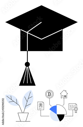 Graduation cap above interconnected finance, property, and growth icons. Ideal for education, achievement, career, success planning, investment progress opportunity. Flat simple metaphor