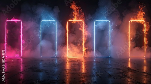 A futuristic display of glowing phone outlines surrounded by smoke and flames.
