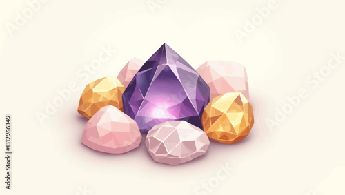Brilliant Gems in Formation: A cluster of radiant gems, including a striking purple amethyst at the center, is arranged to catch the light
