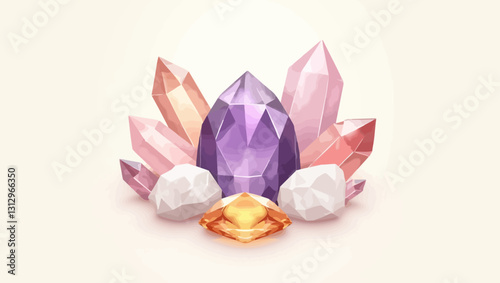 Crystals Cluster: A captivating arrangement of amethyst, rose quartz, and clear quartz crystals, meticulously rendered in a vibrant, polished style, creates a visual representation of energy, balance.