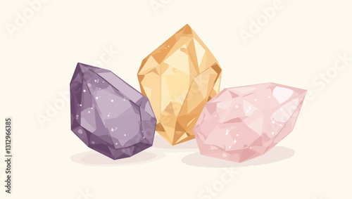 Mystic Crystals: Captivating image of three luminous crystals, each showcasing unique shapes and hues, radiates an aura of mystery and beauty.