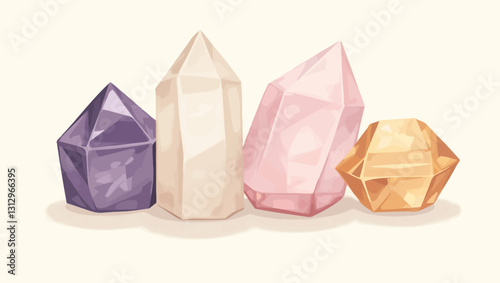 Collection of Crystals: A captivating arrangement of four uniquely colored crystals, including amethyst, clear quartz, rose quartz and citrine, displayed against a beige background.