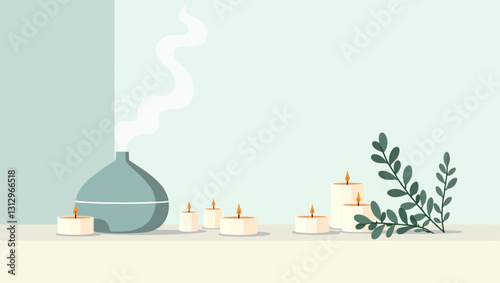 Serene Spa Atmosphere: An illustration featuring a teal essential oil diffuser emitting a calming steam, surrounded by lit tea light candles and delicate green leaves.