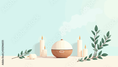 Aromatherapy Diffuser with Candles and Greenery: A tranquil scene with an essential oil diffuser releasing a soft, ethereal mist, flanked by lit candles and a sprig of greenery.