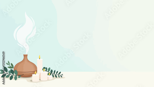 Serenity and Calm: The image captures the essence of serenity and calm with an aromatic diffuser releasing gentle vapor, accompanied by softly lit candles and lush green foliage.