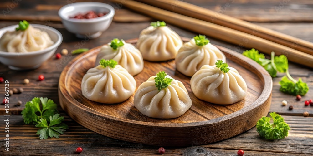 steamed pork dumplings arranged artfully on a wooden cutting board, food, pork steamed pork dumplings arranged artfully on a wooden cutting board, food, pork
