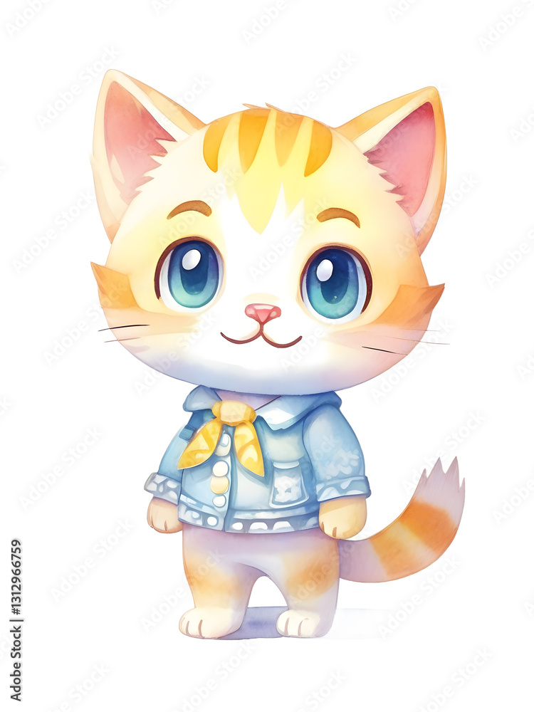 Fototapeta premium Cat Kitty Kitten Chibi Kawaii Cartoon Character Anthropomorphic Isolated Sticker Watercolor Illustration Colored Pencil Drawing
